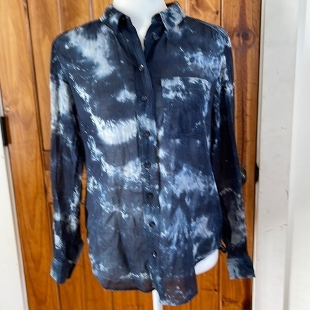 Anthropologie Pilcro Navy Blue White Button Down Pocket Light Cotton Shirt XS
